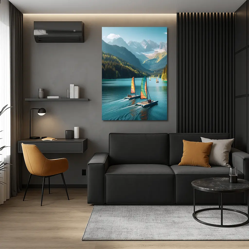 Colorful Catamarans Sailing Alpine Mountain Lake – Wall Art