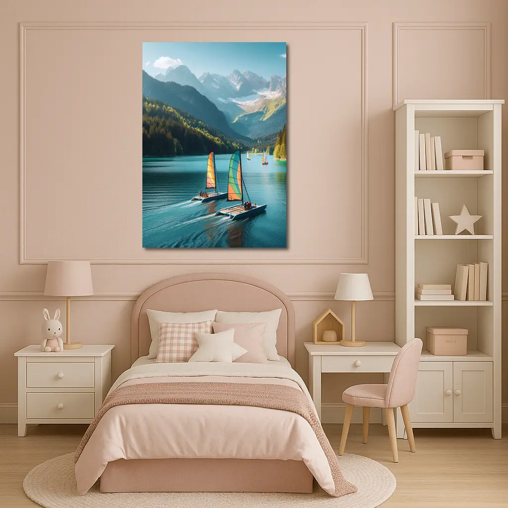Colorful Catamarans Sailing Alpine Mountain Lake – Wall Art
