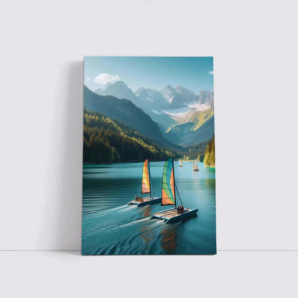 Colorful Catamarans Sailing Alpine Mountain Lake – Wall Art