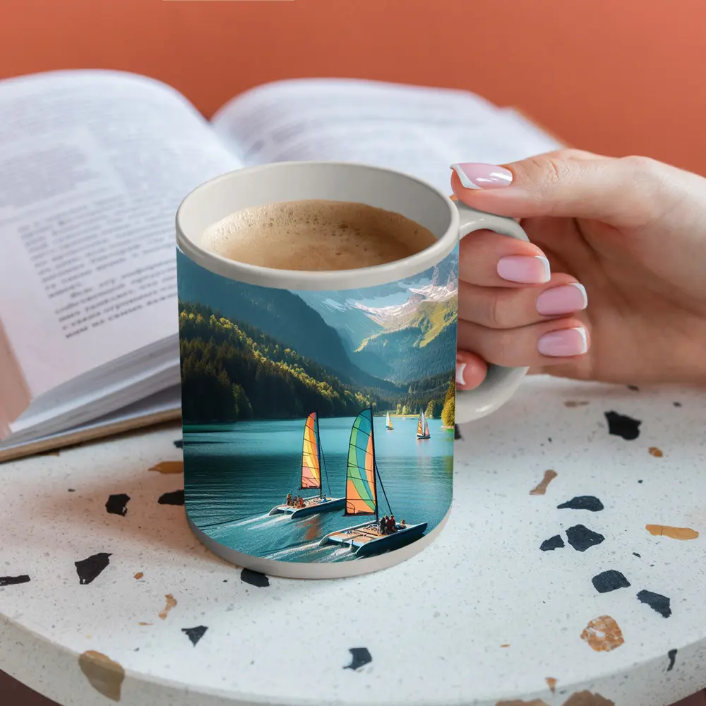 Colorful Catamarans Sailing Alpine Mountain Lake – Mugs