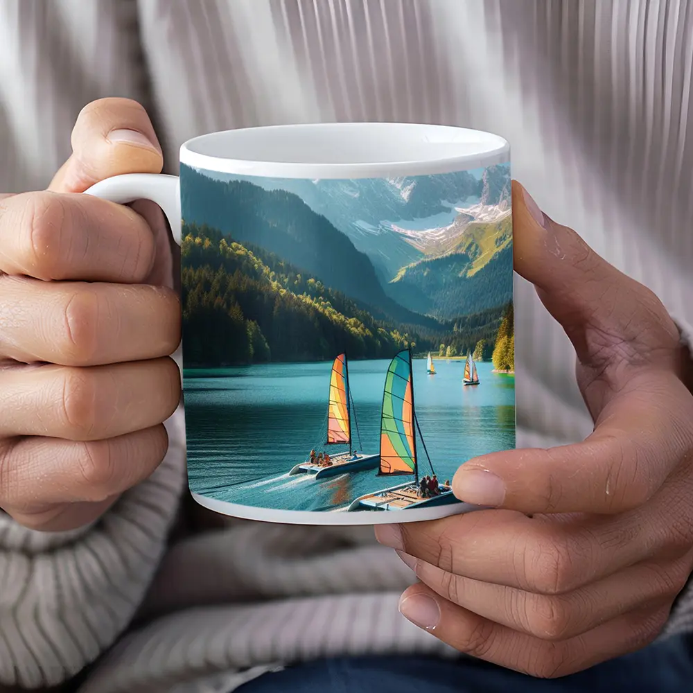 Colorful Catamarans Sailing Alpine Mountain Lake – Mugs