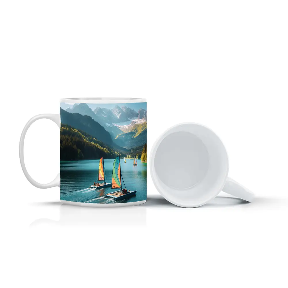 Colorful Catamarans Sailing Alpine Mountain Lake – Mugs