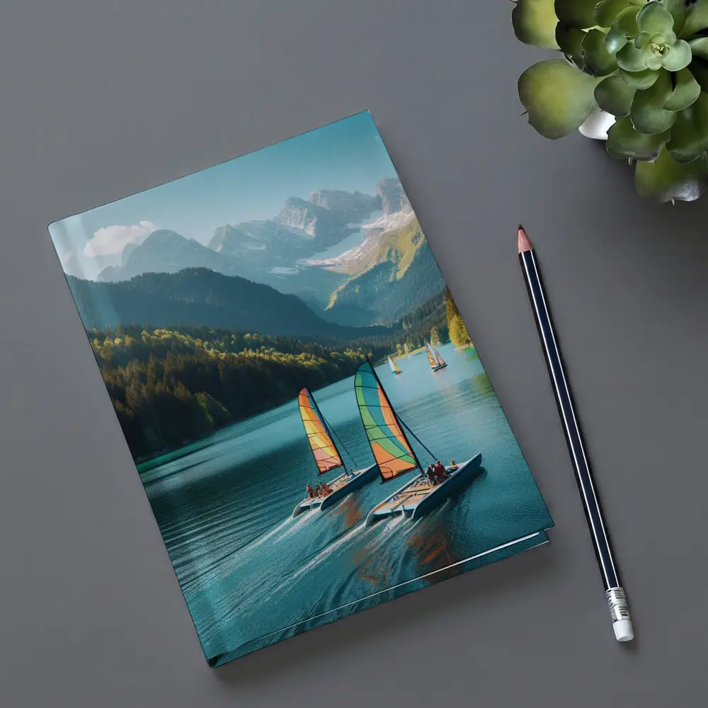 Colorful Catamarans Sailing Alpine Mountain Lake – Notebooks