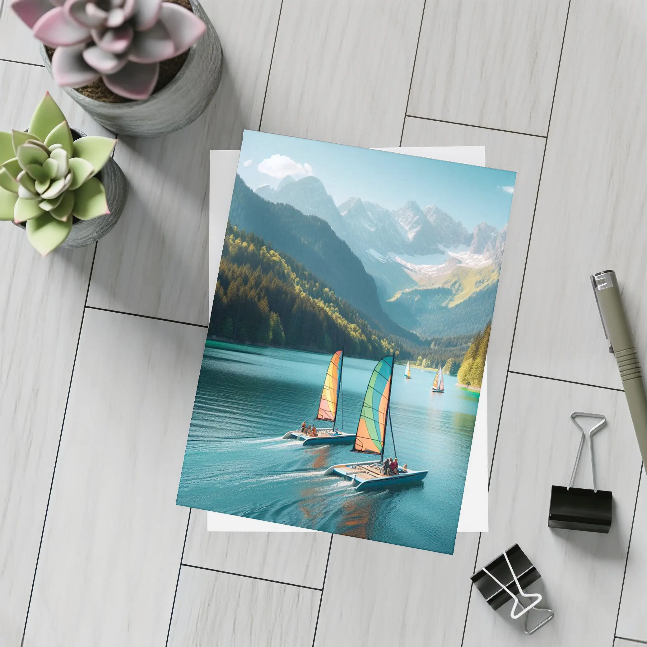 Colorful Catamarans Sailing Alpine Mountain Lake – Postcards