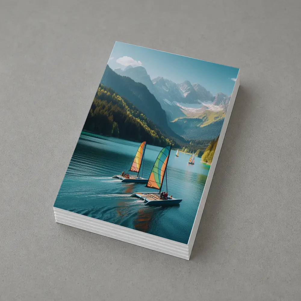 Colorful Catamarans Sailing Alpine Mountain Lake – Postcards