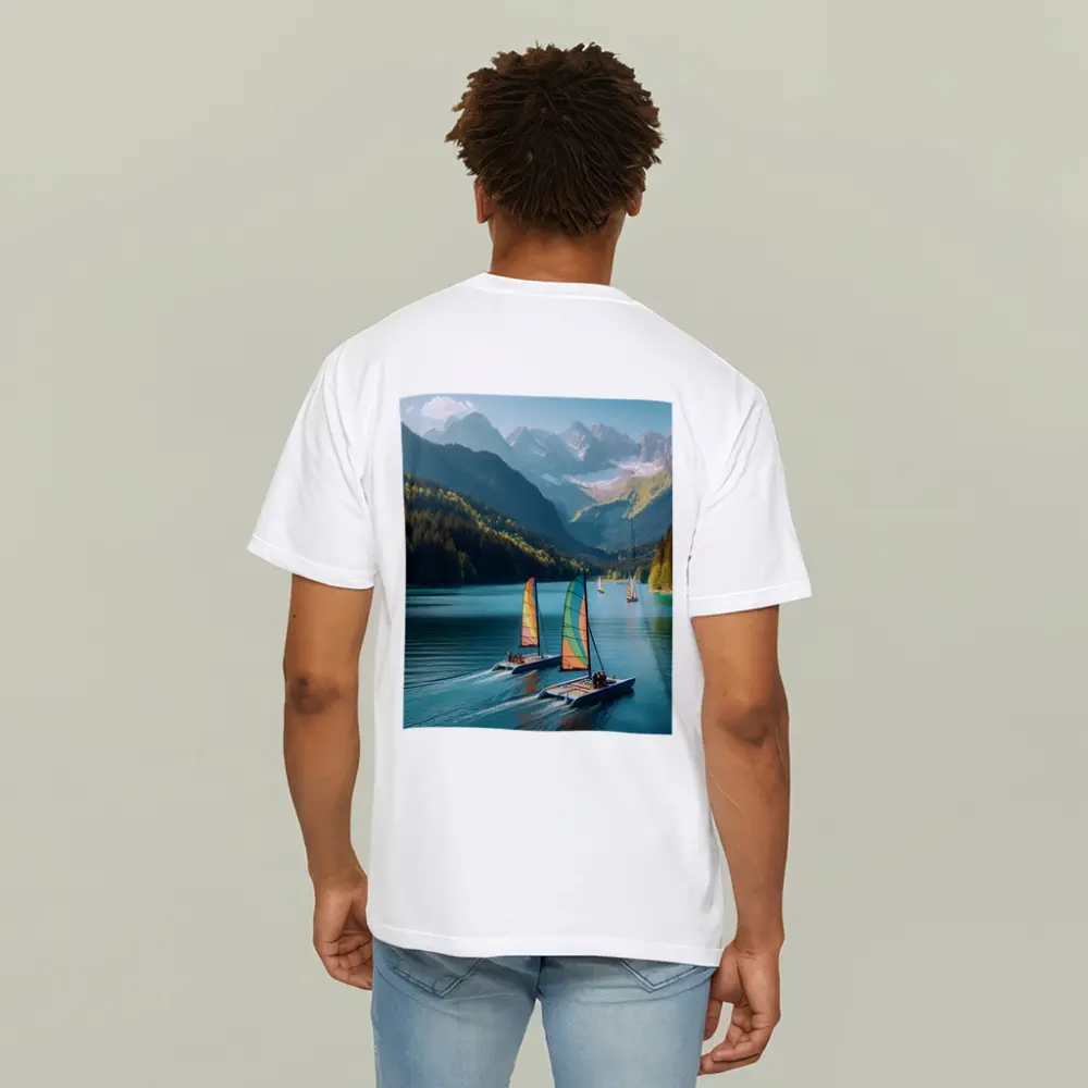 Colorful Catamarans Sailing Alpine Mountain Lake – T-Shirts