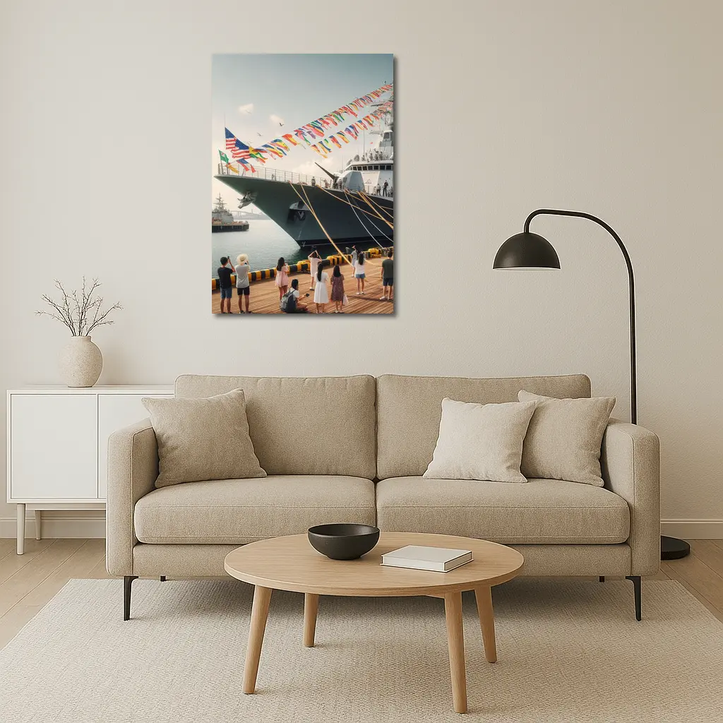 Navy Warship Docked Harbor Colorful Flags – Wall Art