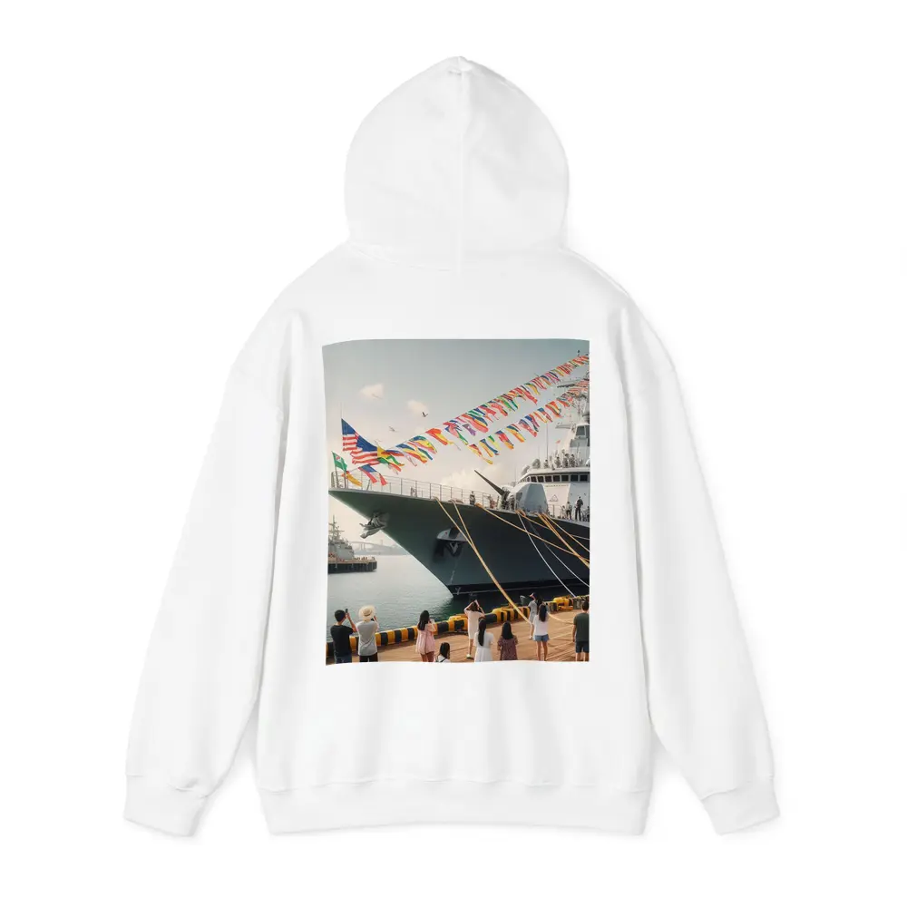 Navy Warship Docked Harbor Colorful Flags – Hoodies