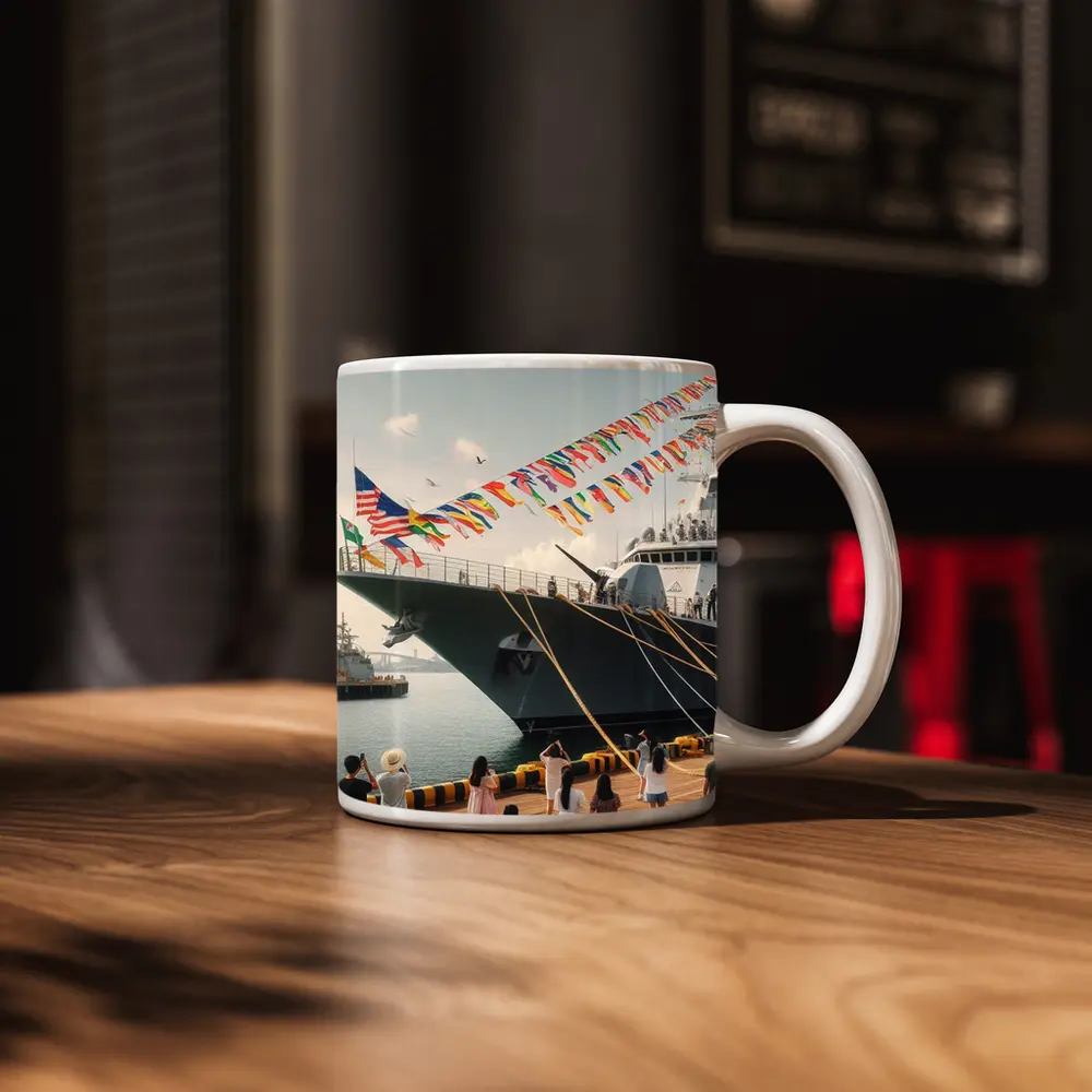 Navy Warship Docked Harbor Colorful Flags – Mugs