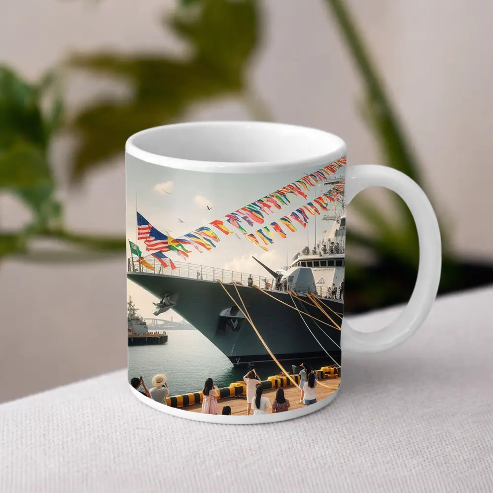 Navy Warship Docked Harbor Colorful Flags – Mugs