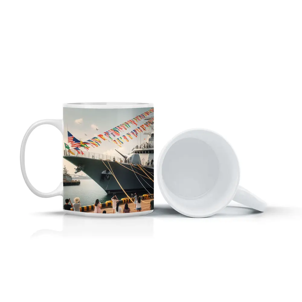 Navy Warship Docked Harbor Colorful Flags – Mugs