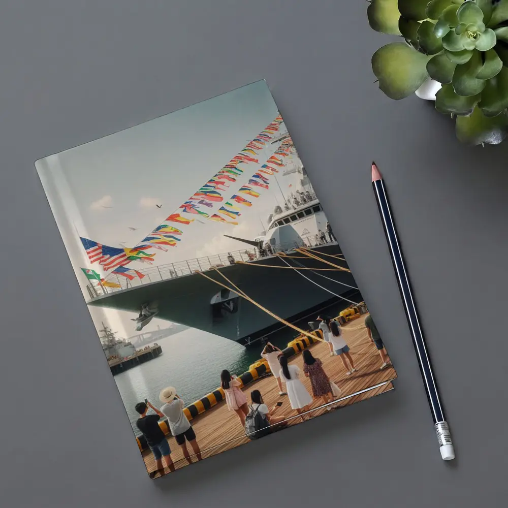 Navy Warship Docked Harbor Colorful Flags – Notebooks
