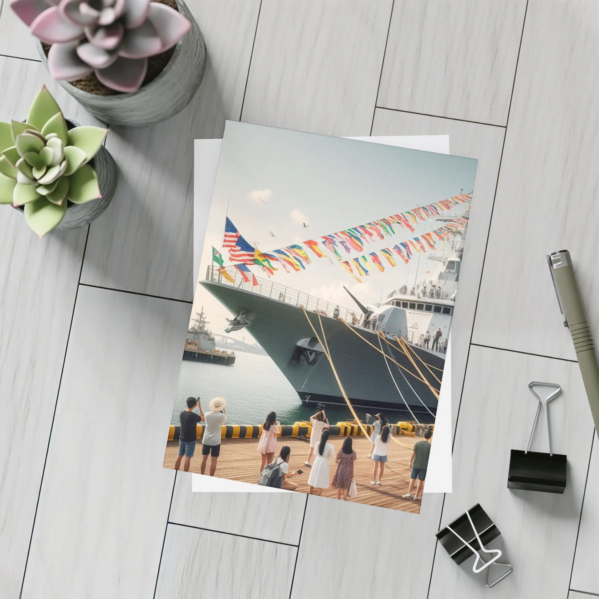 Navy Warship Docked Harbor Colorful Flags – Postcards