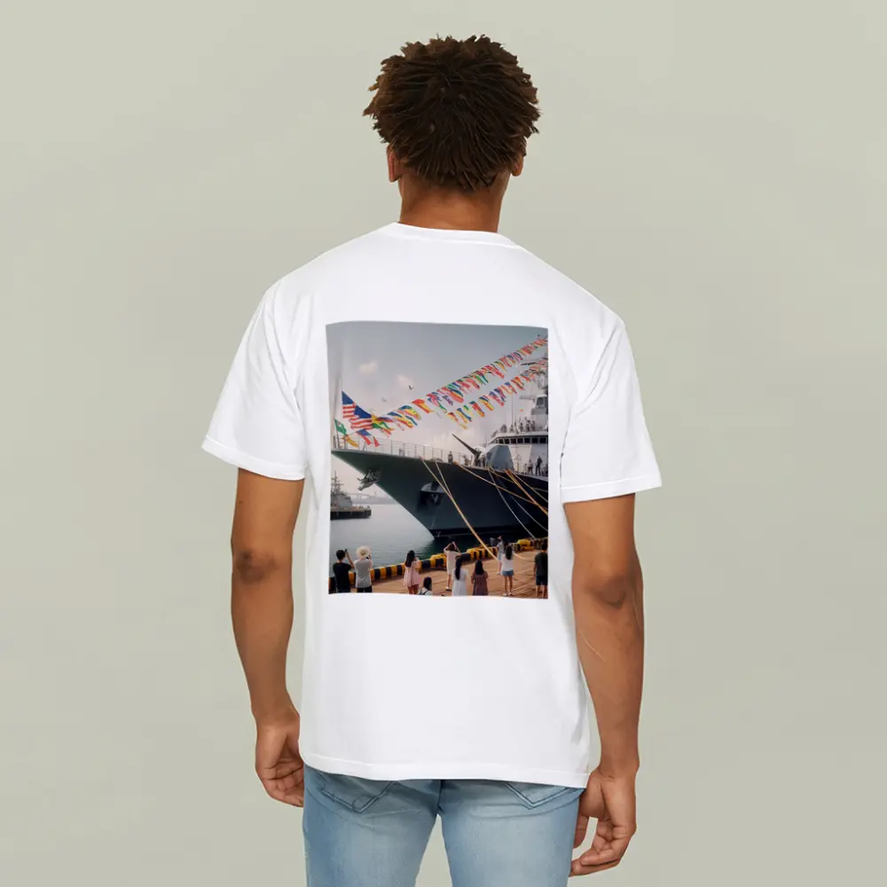 Navy Warship Docked Harbor Colorful Flags – T-Shirts