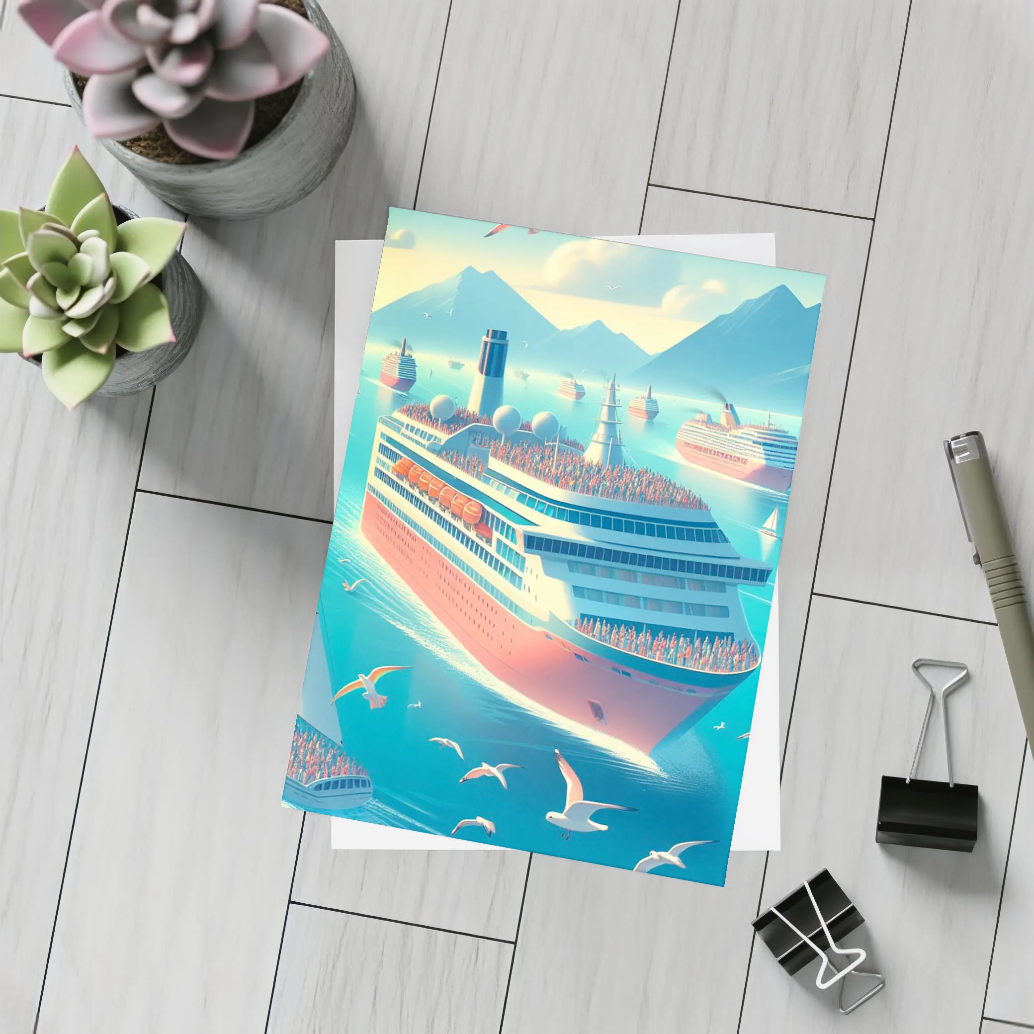Cruise Ships Sailing Blue Ocean Mountains – Postcards