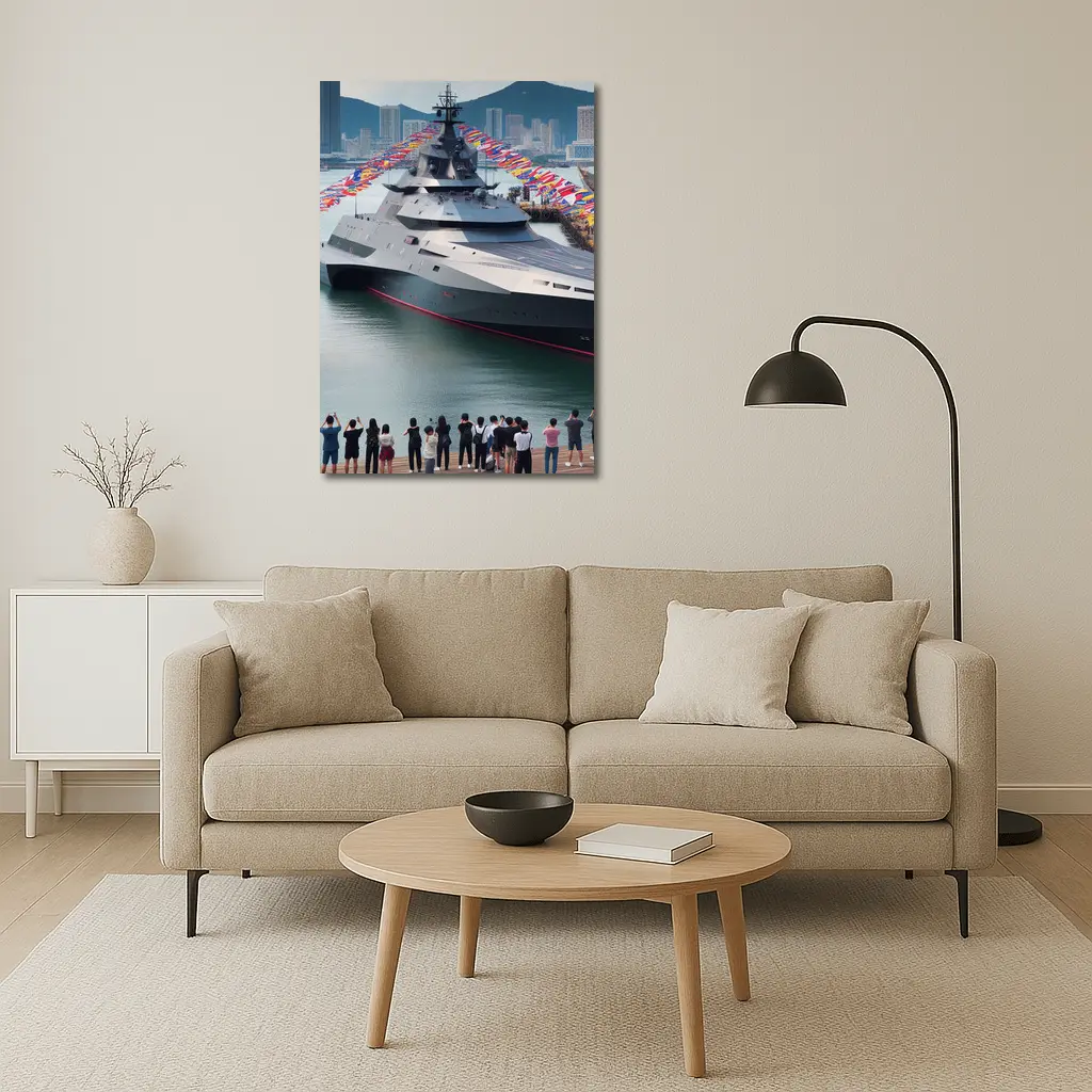 Modern Warship Docked Colorful Flags Cityscape – Wall Art