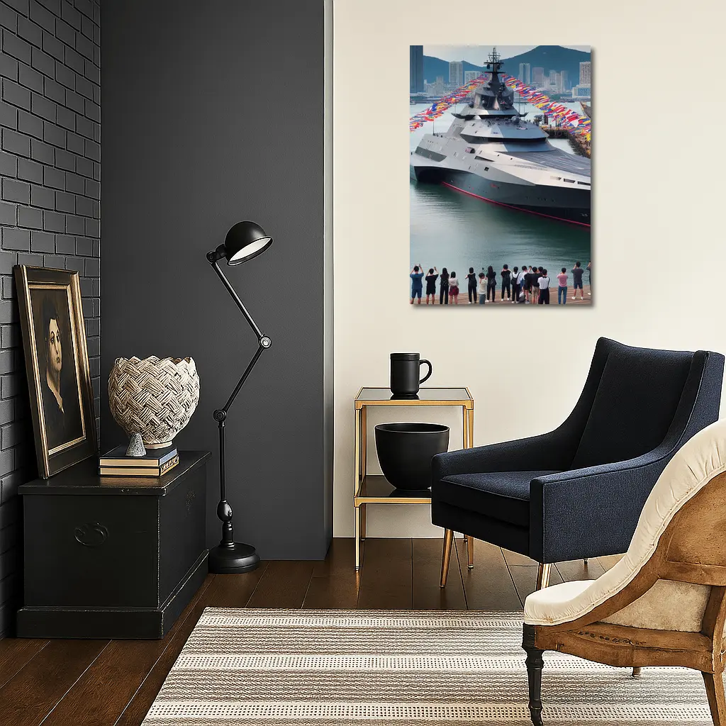 Modern Warship Docked Colorful Flags Cityscape – Wall Art