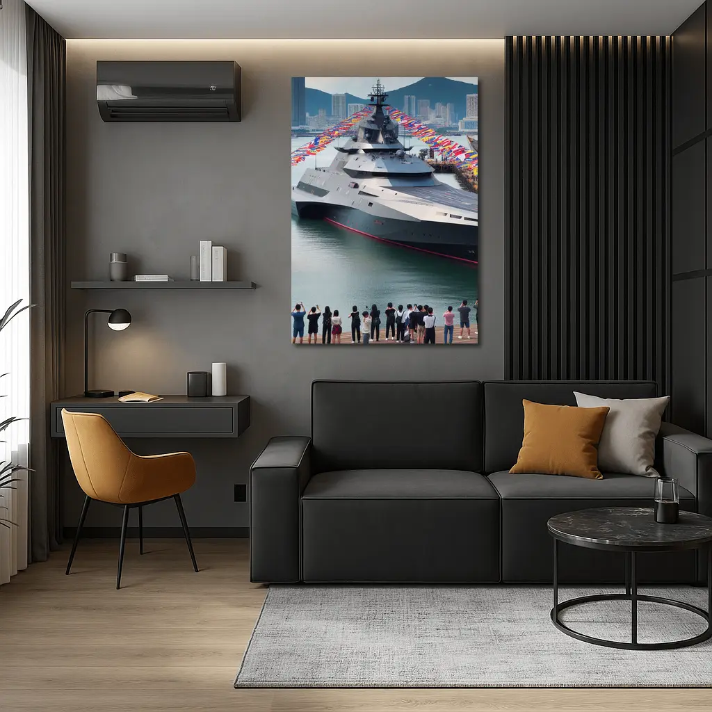 Modern Warship Docked Colorful Flags Cityscape – Wall Art