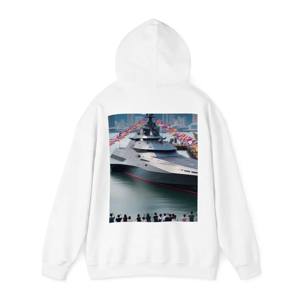 Modern Warship Docked Colorful Flags Cityscape – Hoodies