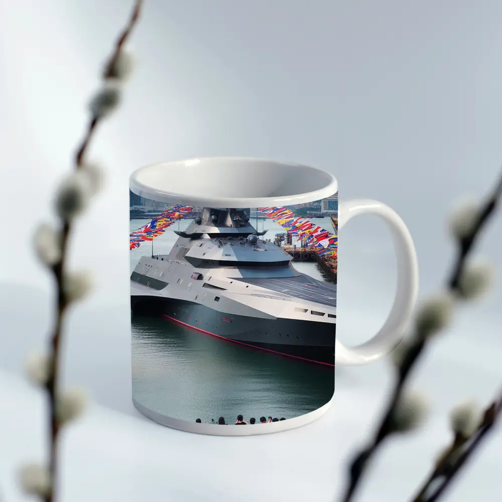 Modern Warship Docked Colorful Flags Cityscape – Mugs