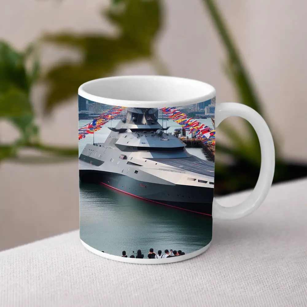 Modern Warship Docked Colorful Flags Cityscape – Mugs