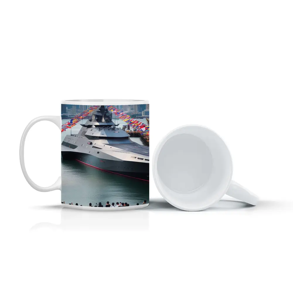 Modern Warship Docked Colorful Flags Cityscape – Mugs