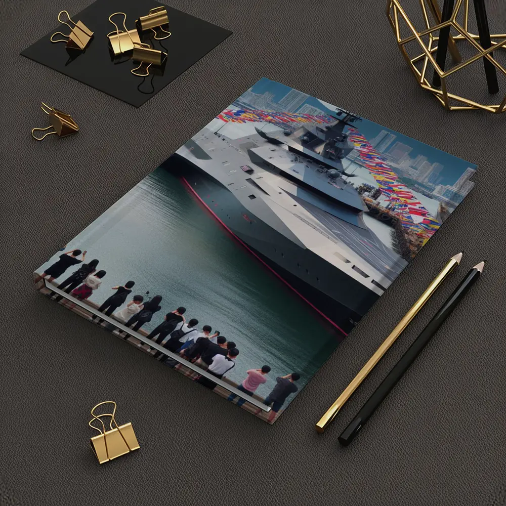 Modern Warship Docked Colorful Flags Cityscape – Notebooks
