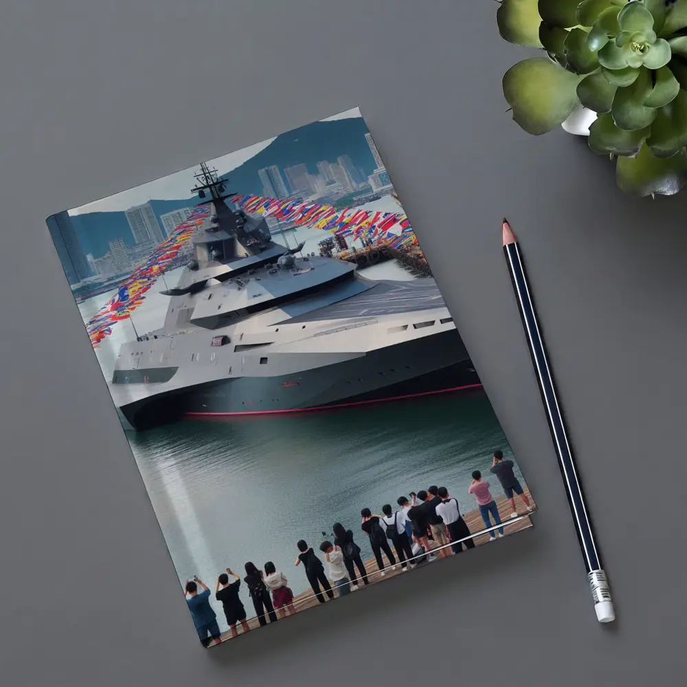 Modern Warship Docked Colorful Flags Cityscape – Notebooks