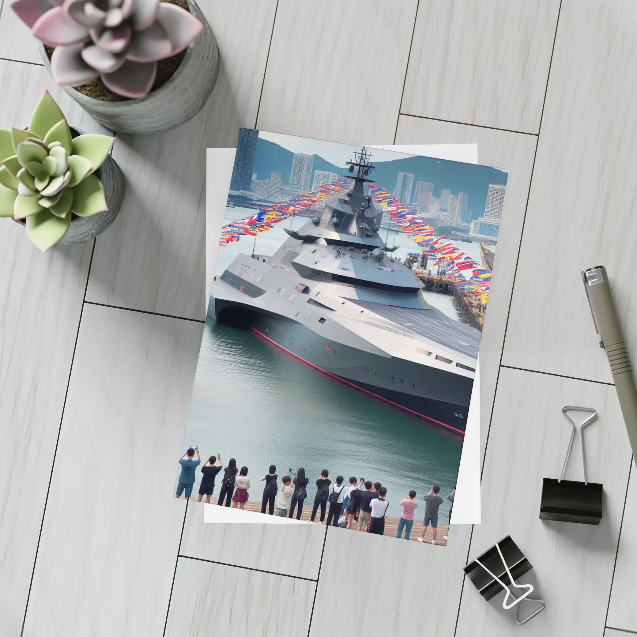 Modern Warship Docked Colorful Flags Cityscape – Postcards
