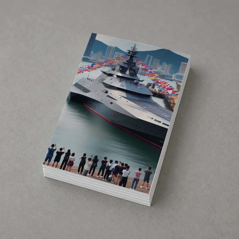 Modern Warship Docked Colorful Flags Cityscape – Postcards