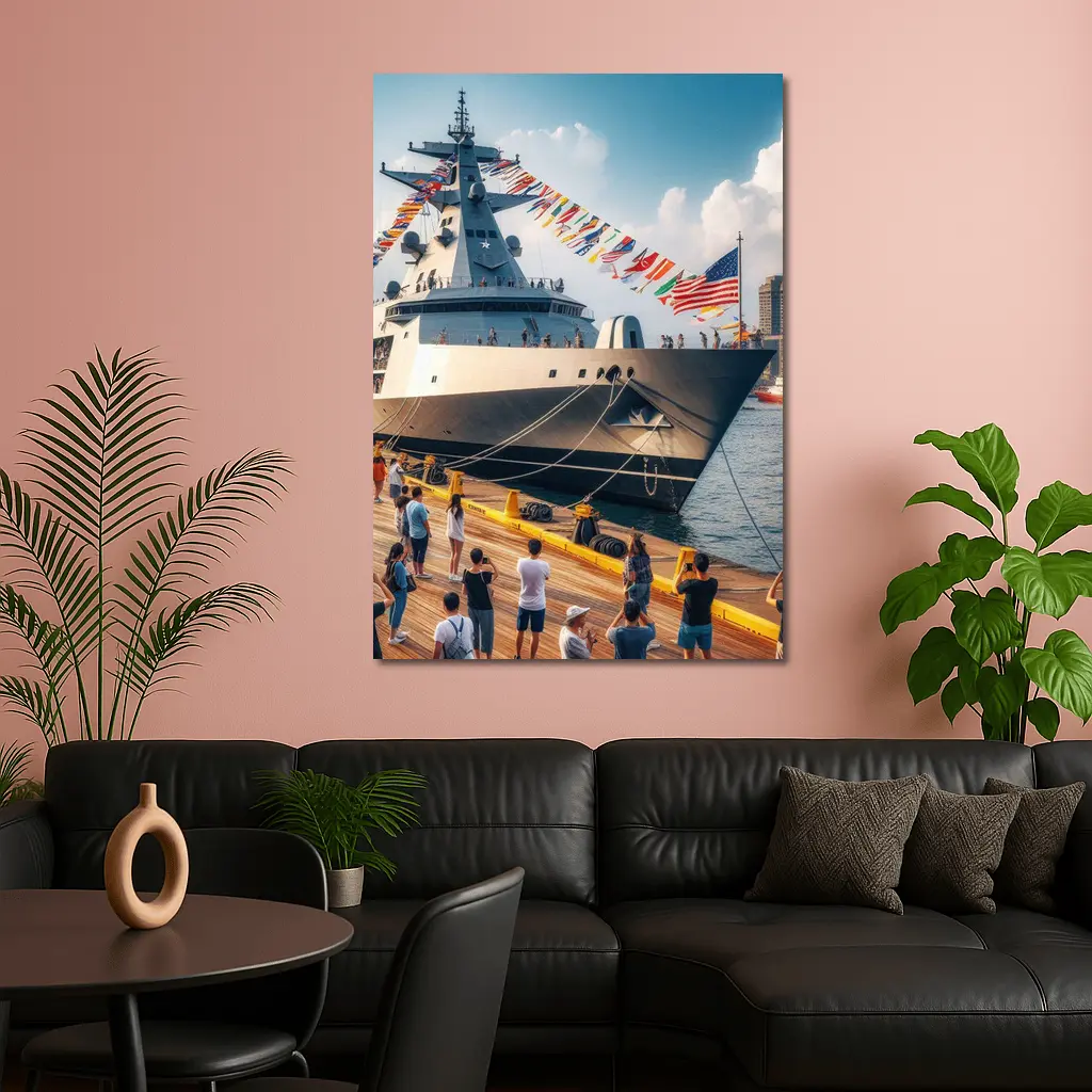 US Navy Warship Docked at Busy Harbor – Wall Art