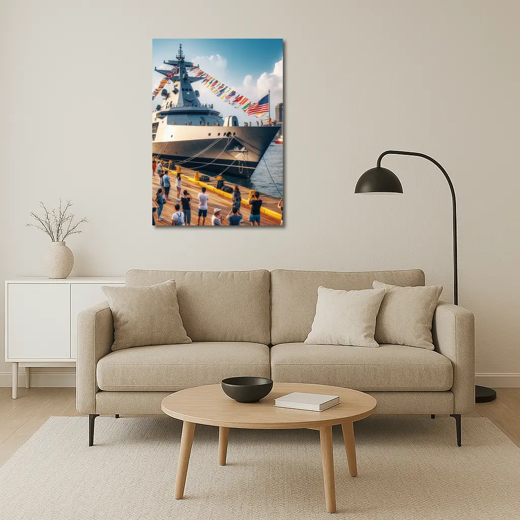 US Navy Warship Docked at Busy Harbor – Wall Art