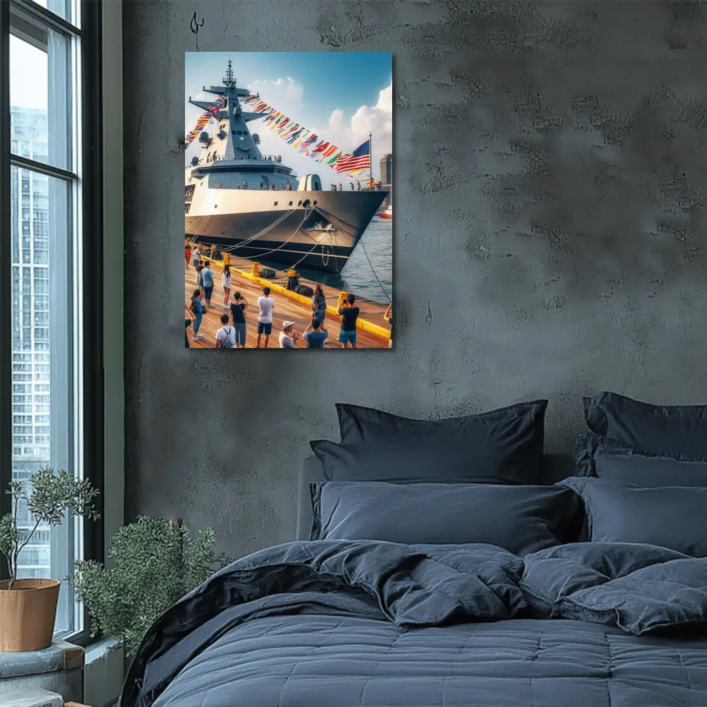 US Navy Warship Docked at Busy Harbor – Wall Art