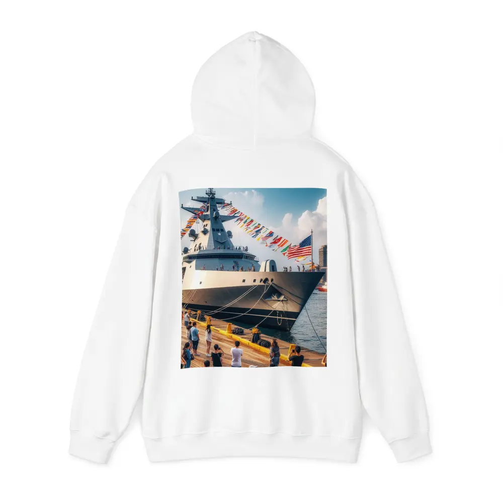 US Navy Warship Docked at Busy Harbor – Hoodies
