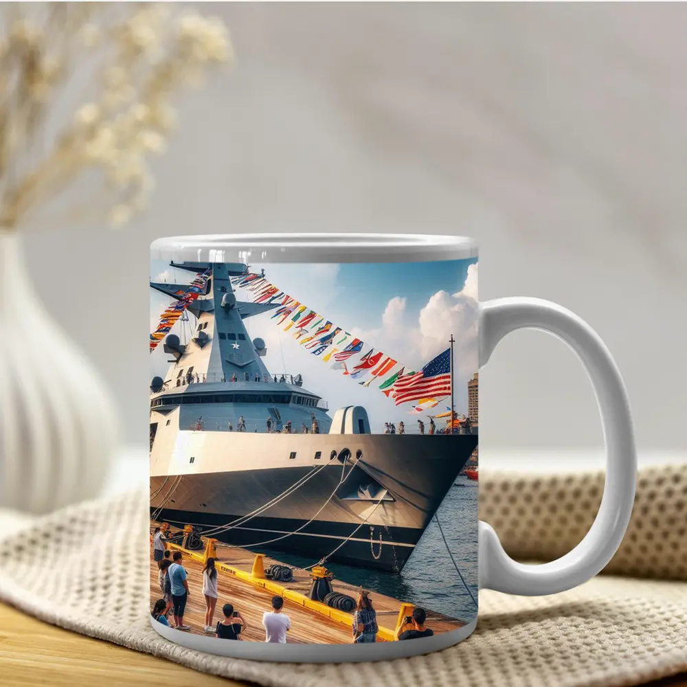 US Navy Warship Docked at Busy Harbor – Mugs