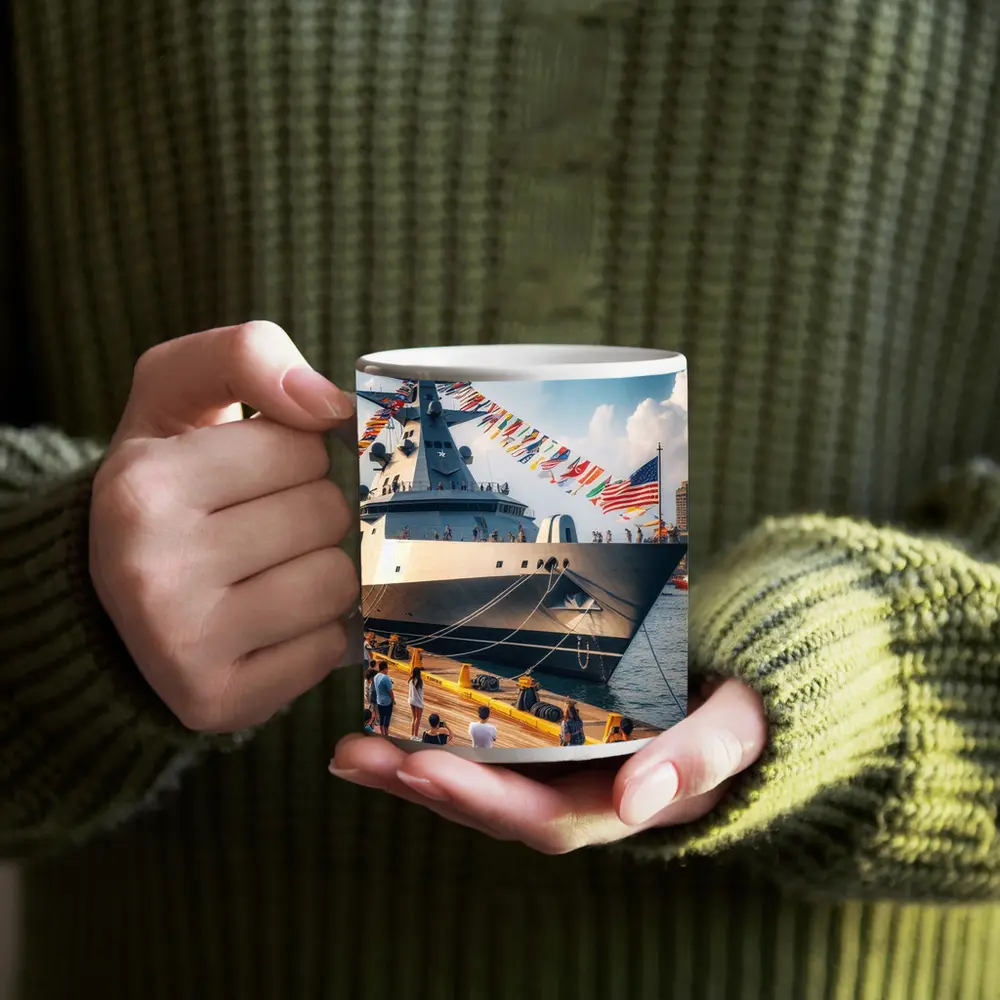 US Navy Warship Docked at Busy Harbor – Mugs