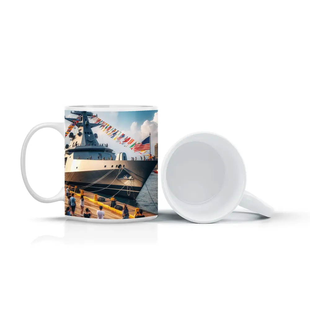 US Navy Warship Docked at Busy Harbor – Mugs