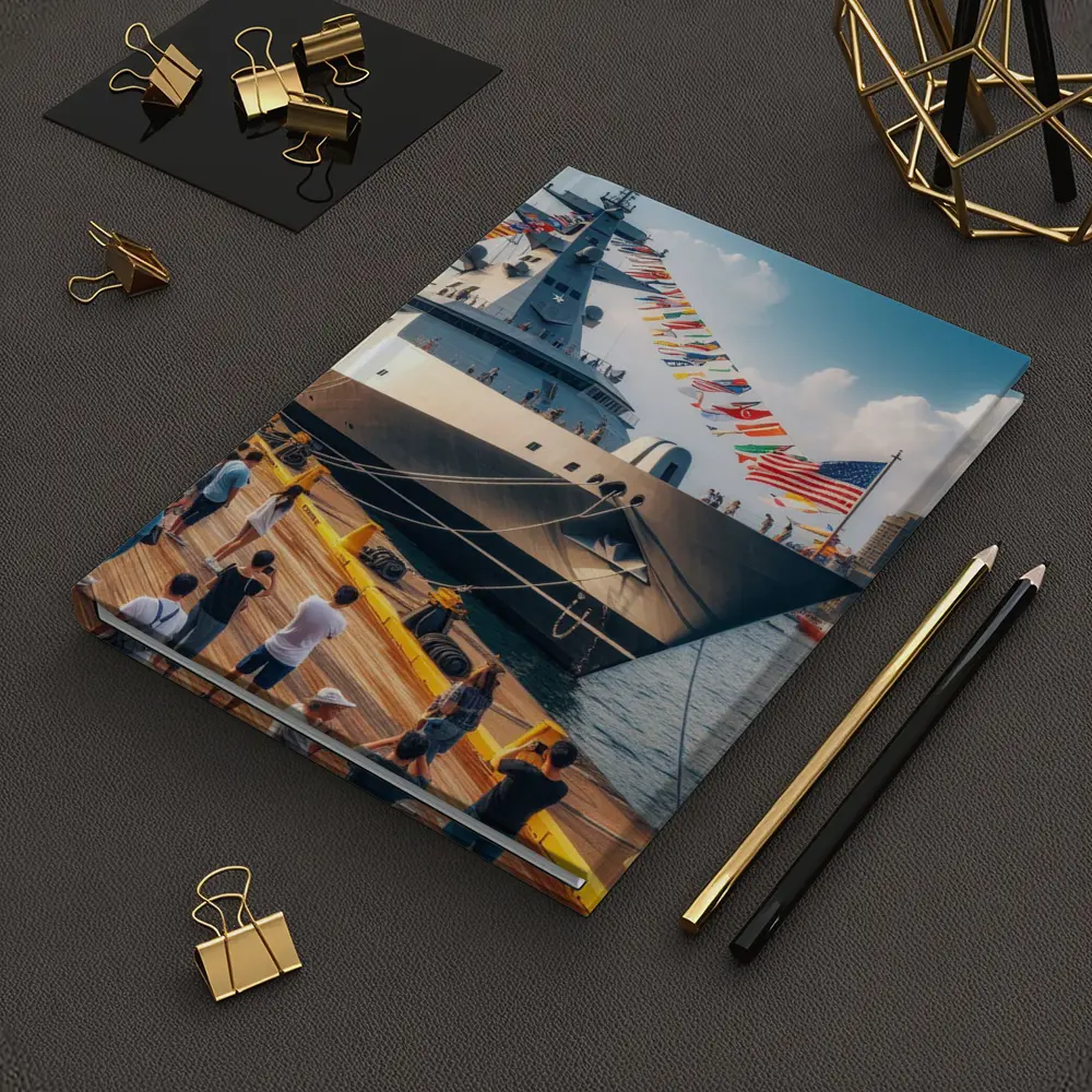 US Navy Warship Docked at Busy Harbor – Notebooks