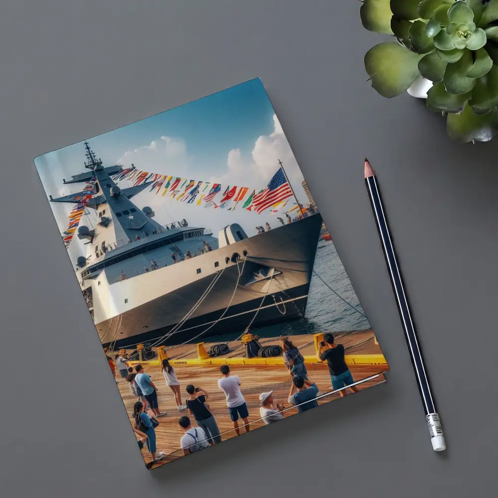 US Navy Warship Docked at Busy Harbor – Notebooks