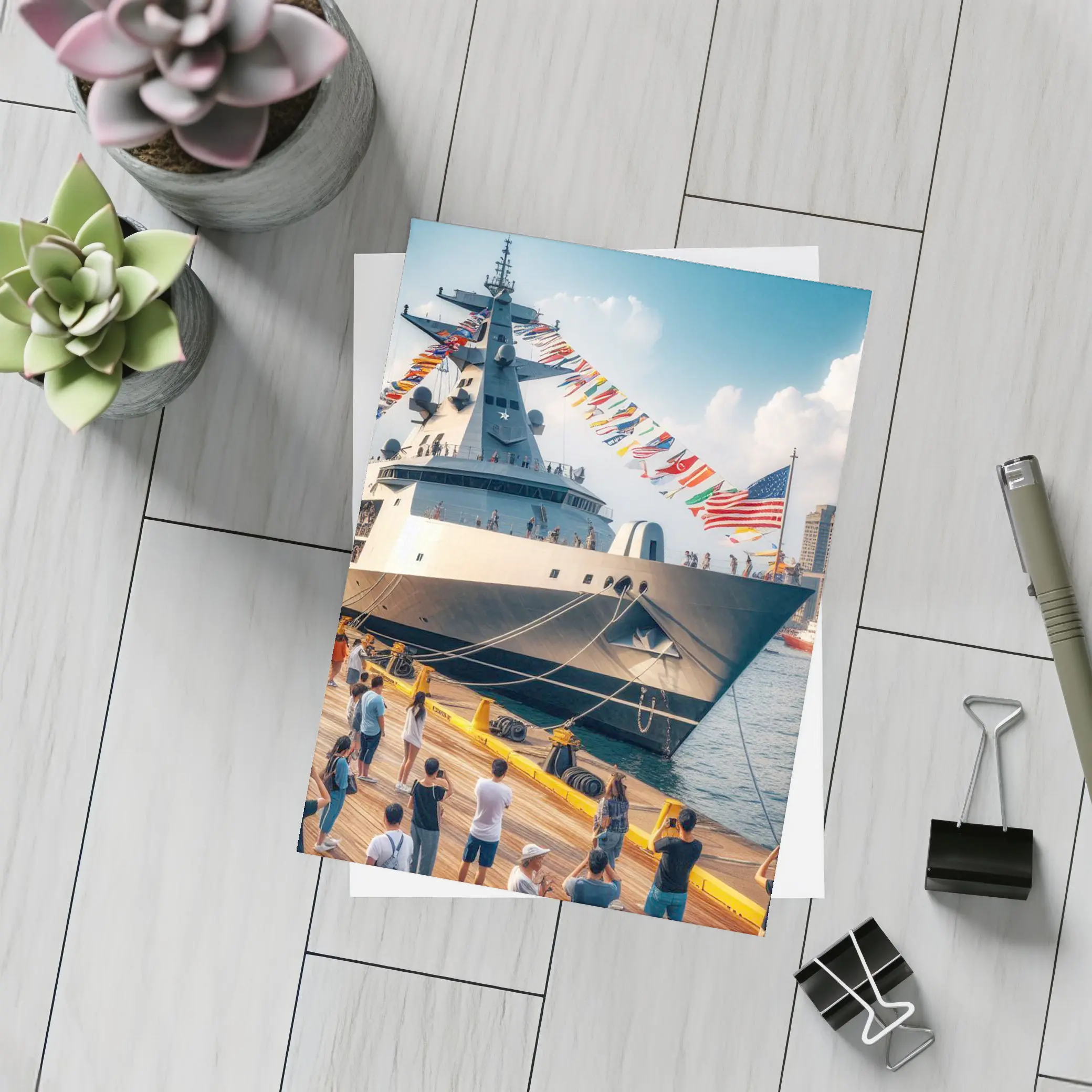 US Navy Warship Docked at Busy Harbor – Postcards