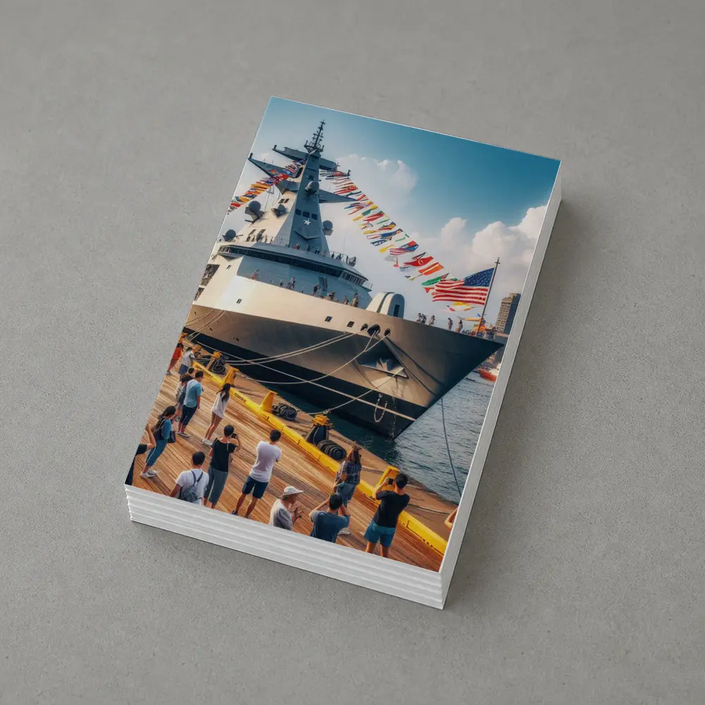 US Navy Warship Docked at Busy Harbor – Postcards