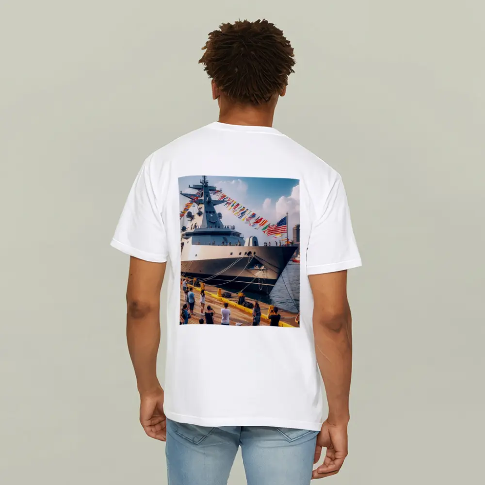 US Navy Warship Docked at Busy Harbor – T-Shirts