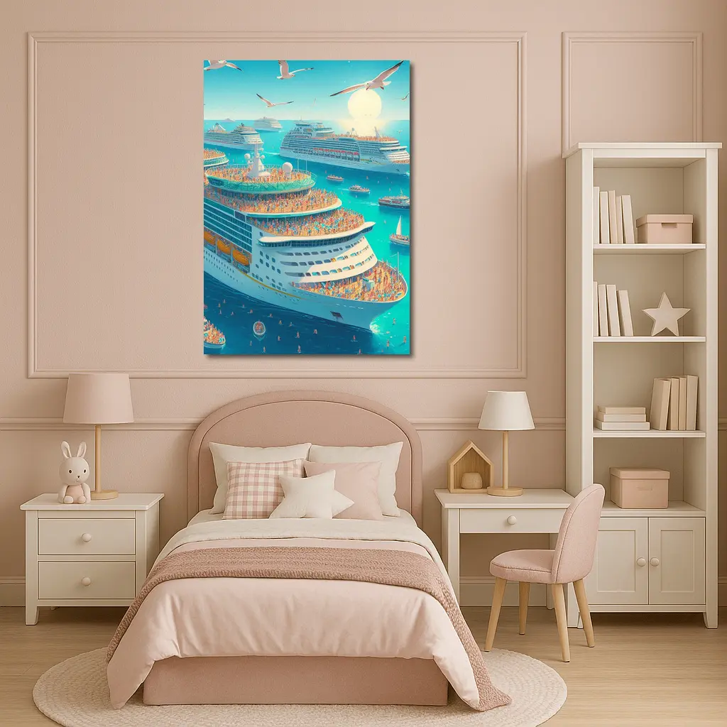 Cruise Ships Crowded Ocean Summer Illustration Art – Wall Art
