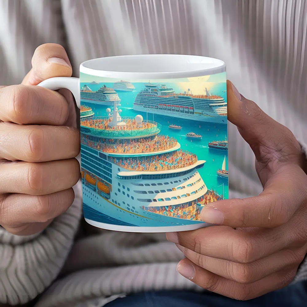 Cruise Ships Crowded Ocean Summer Illustration Art – Mugs