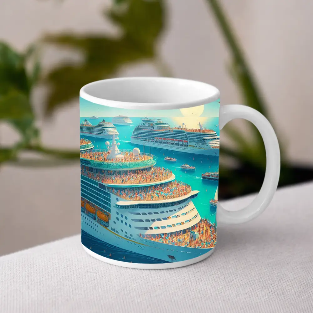 Cruise Ships Crowded Ocean Summer Illustration Art – Mugs