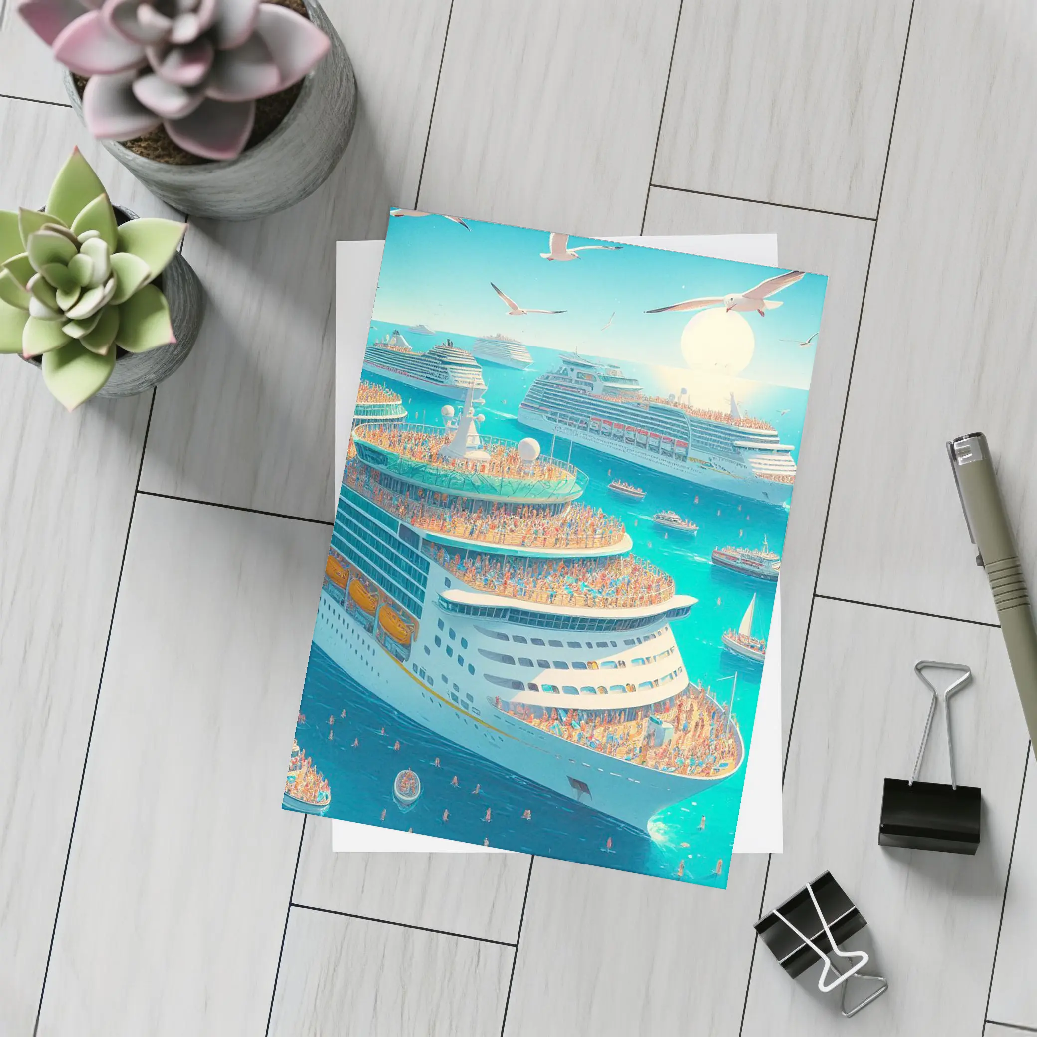 Cruise Ships Crowded Ocean Summer Illustration Art – Postcards