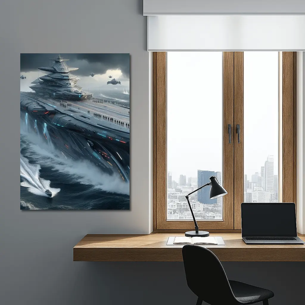 Futuristic Aircraft Carrier Stormy Ocean Scene – Wall Art