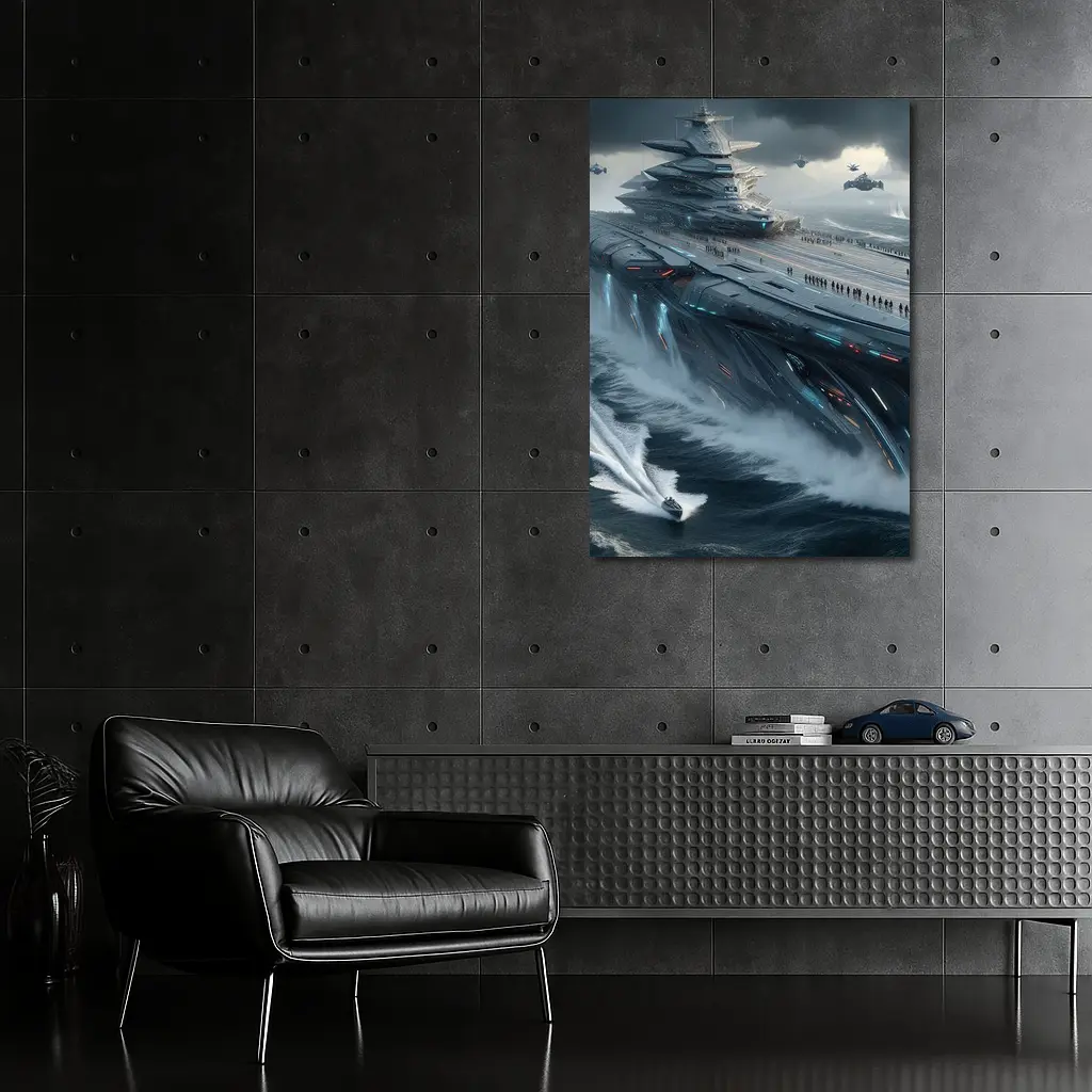 Futuristic Aircraft Carrier Stormy Ocean Scene – Wall Art