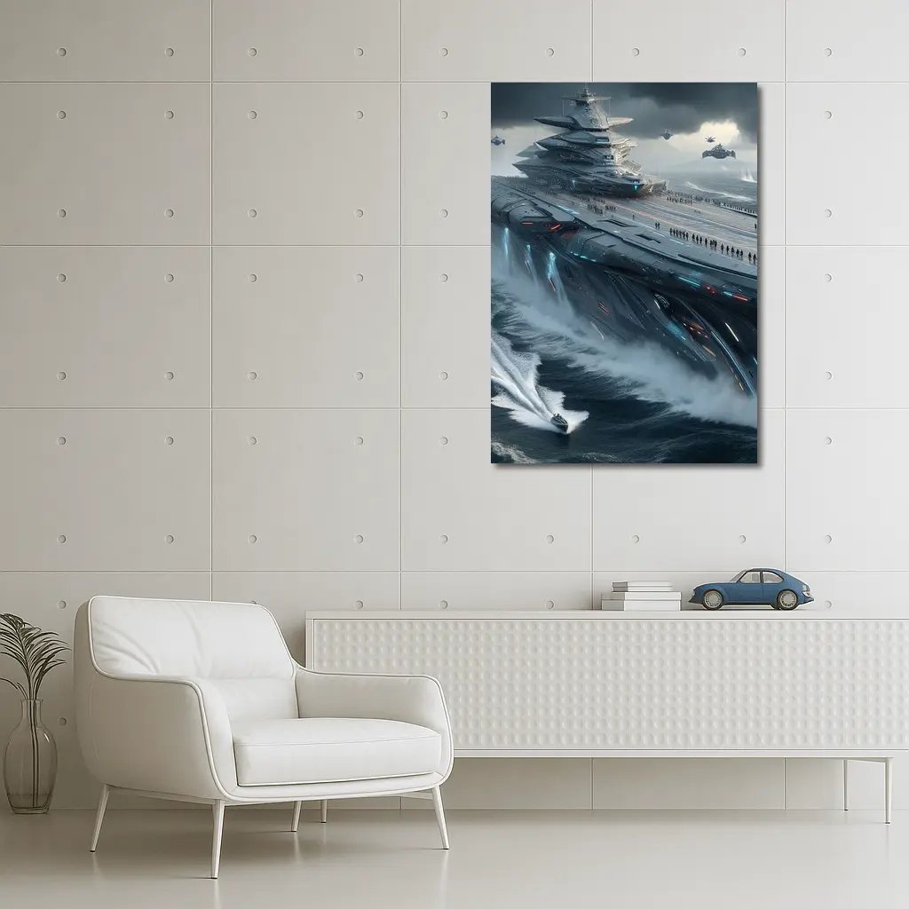 Futuristic Aircraft Carrier Stormy Ocean Scene – Wall Art