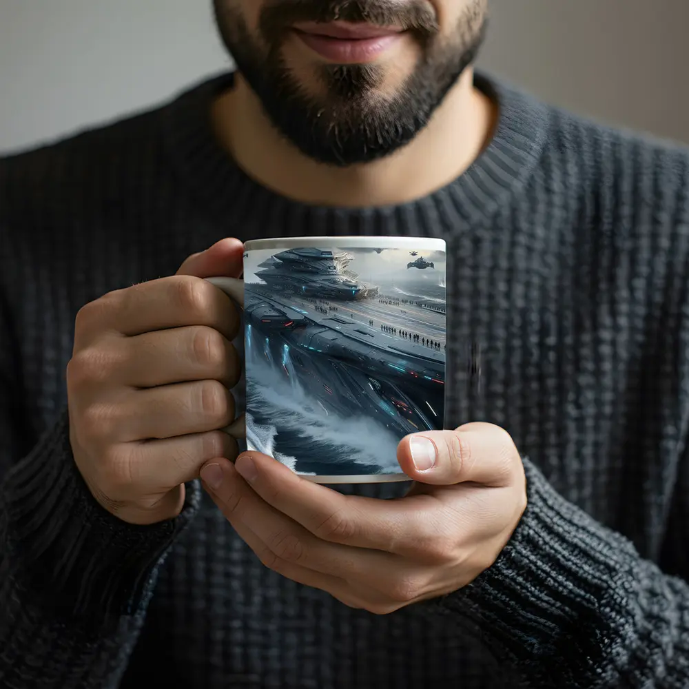 Futuristic Aircraft Carrier Stormy Ocean Scene – Mugs